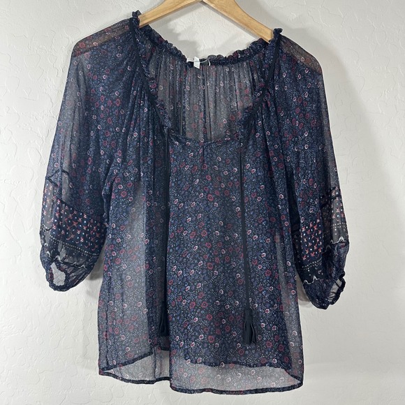 Joie Women's Top Navy Blue Floral Sheer 3/4 Sleeves Peasant Blouse Size‎ XS - Picture 1 of 6